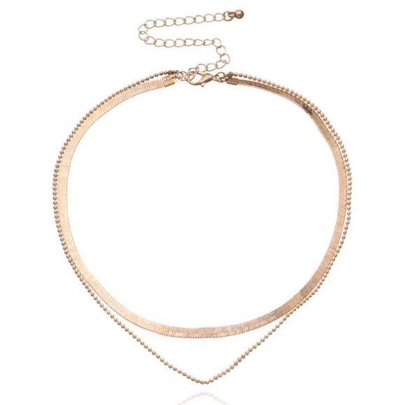 Flat Snake Chain Herringbone Layered Gold Necklace - Picture 4 of 8